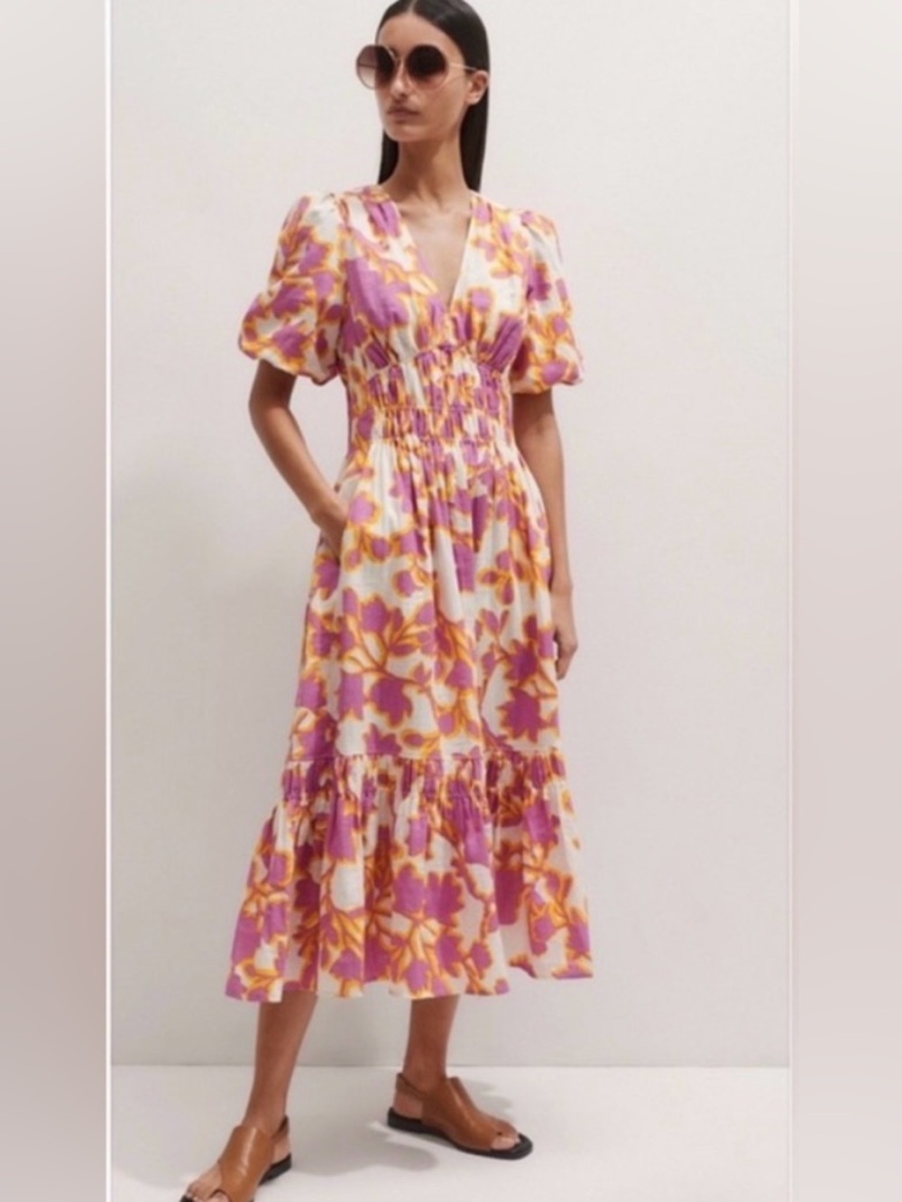 ME+EM Pink and Yellow Floral Smocked Midi Dress - Picture 2 of 13